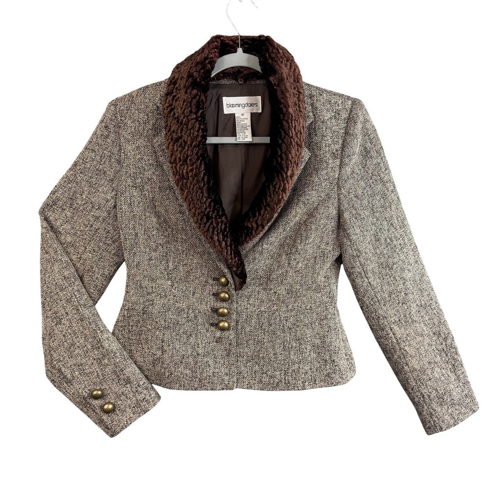 Bloomingdale's 4P Tweed Blazer Brown Textured Collar Cropped Career Jacketā